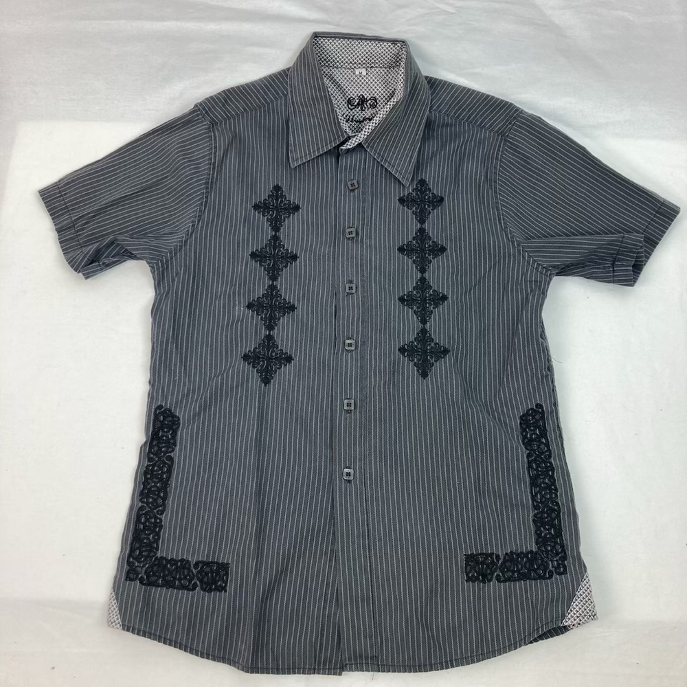 191 Unlimited Button Down Shirt Boys M Gray Short Sleeve with Black Embroidery